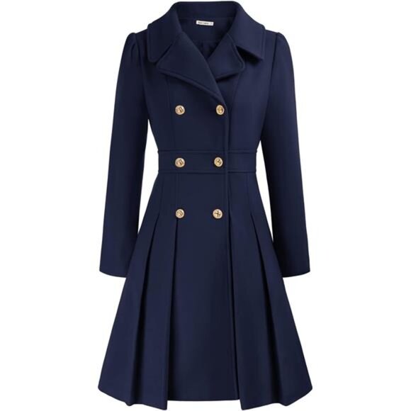 Women's Fashion Trench Coat Notch Lapel Double Breasted Blue